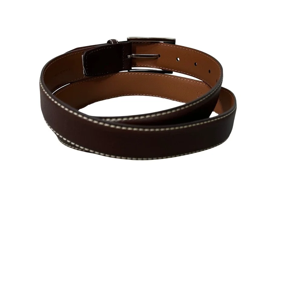 Johnston & Murphy Mens Brown Leather Dress Belt 38 Silver Buckle 75-0540